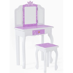 JOYMOR Kids Vanity Set, Wooden Princess Makeup Table with Stool, Tri-Folding Mirror, Large Drawer and Solid Wooden Legs, Purple - 1 of 4