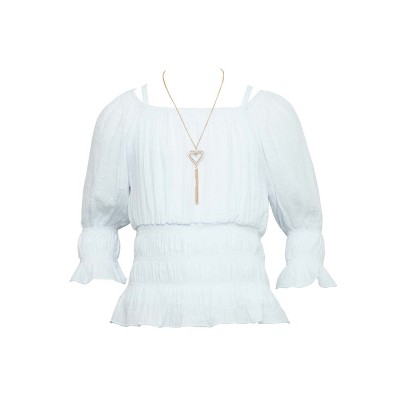 3/4 Sleeve Smock Waist Top with Necklace-White