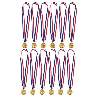 Juvale 12-Pack Gold Metal Medals Soccer Winner Awards for Kids Football Sport Games, 2" with 31" Ribbon