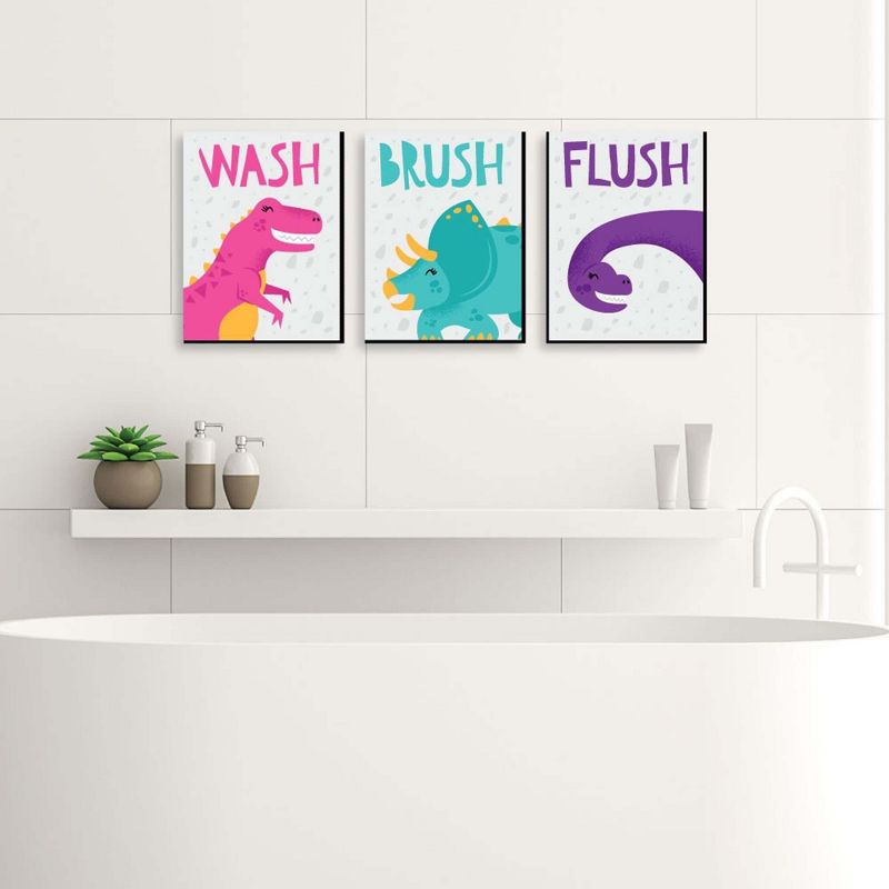 Big Dot of Happiness Roar Dinosaur Girl - Kids Bathroom Rules Wall Art - 7.5 x 10 inches - Set of 3 Signs - Wash, Brush, Flush, 2 of 8