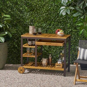 Christopher Knight Home Foxhall Outdoor Industrial Wood and Iron Bar Cart with Storage, Teak and Rustic Metal - 1 of 4