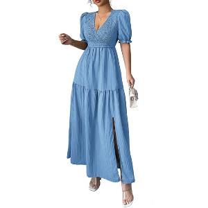Womens Deep V Neck Short Sleeve Side Slit Smocked Midi Dress - 1 of 4