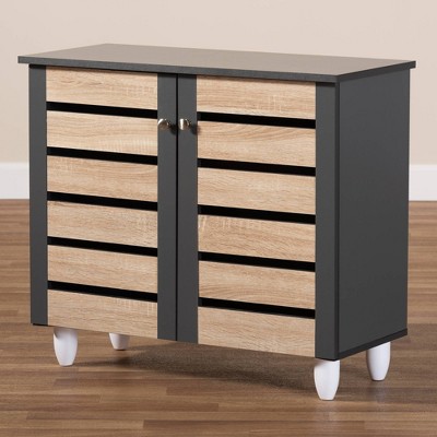 Two-Tone Oak and Dark Gray 2-Door Shoe Storage Cabinet