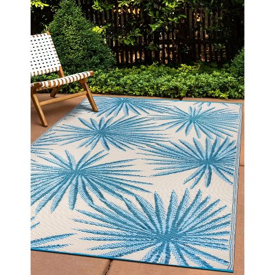 Blue and Off-White Floral Synthetic Reversible Outdoor Rug 3'3"x5'