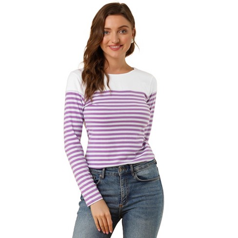 purple and white striped long sleeve shirt