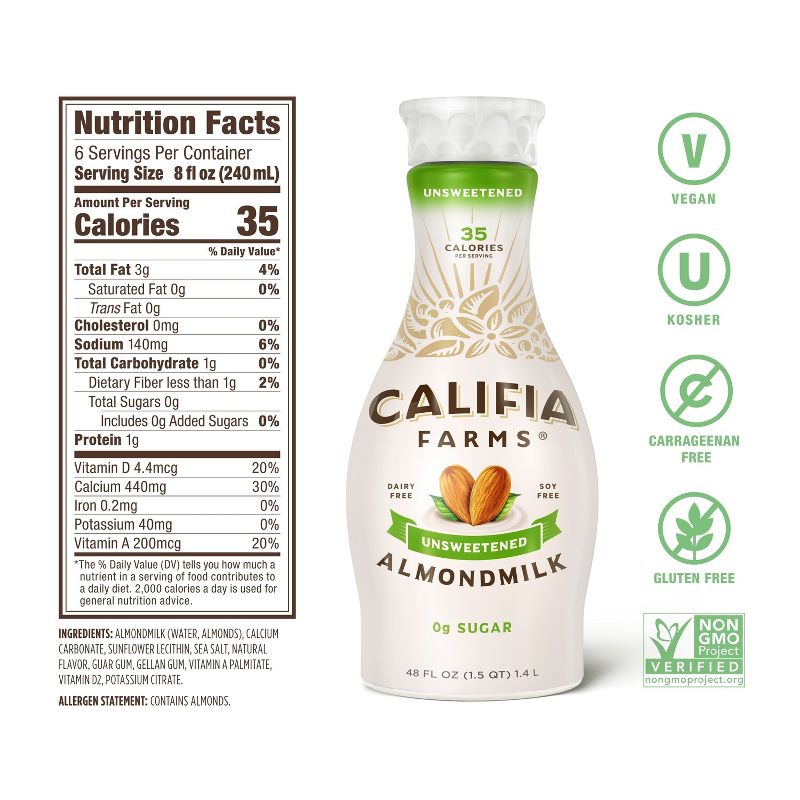 Califia Farms Unsweetened Almond Milk - 48 fl oz, 5 of 10