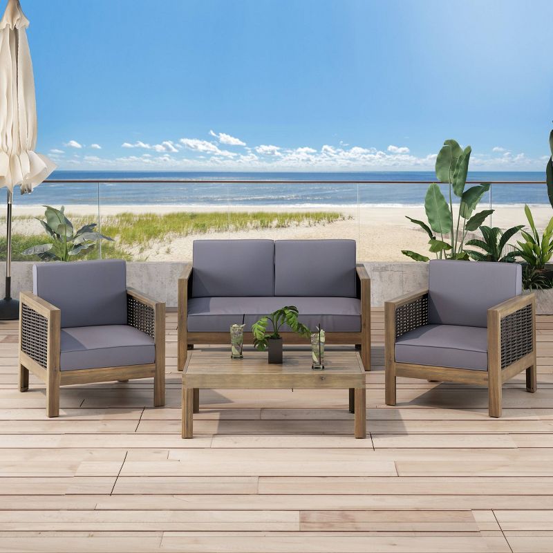 Linwood Outdoor 4 Seater Acacia Wood &#38; Wicker Chat Set - Gray/Dark Gray - Christopher Knight Home, 3 of 17