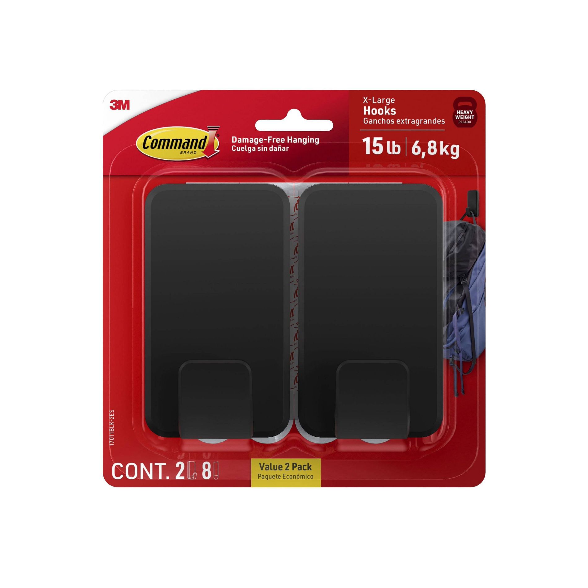 Command 2pk Damage-Free Hanging 15lb X-Large Hooks with 8 Adhesive Strips Black