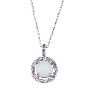 Opalata Sterling Silver Round White Inlay Opal with Amethyst Micro Pave CZ Border 18" Pendant Necklace - White - 1 of 2