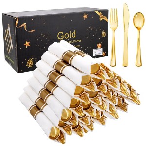 Itopfox 100-Pack Gold Plastic Cutlery Set with Napkins - Disposable Gold Utensils for Weddings, Parties, Thanksgiving - Includes Forks, Knives Spoons - 1 of 4