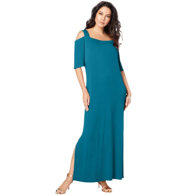 Roaman's Women's Plus Size Ultrasmooth® Fabric Cold-Shoulder Maxi Dress, 1 of 2
