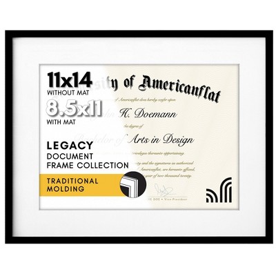 Americanflat 11x14 Diploma Frame with Shatter-Resistant Glass - 8.5x11 with Mat or 11x14 Without Mat - Legacy - Certificate Frames - Black