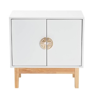 Kamana Two-Tone Wood and Metal 2 Door Storage Cabinet White/Gold/Oak Brown - Baxton Studio: Geometric Handles, Tapered Legs - 1 of 4