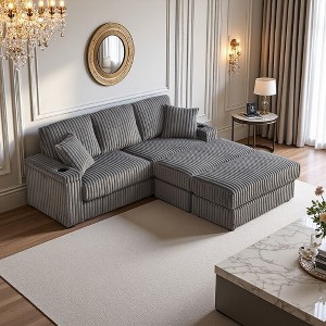 84" Corduroy 3-Seater Sectional Sofa with 2 Ottomans & Storage - 1 of 4