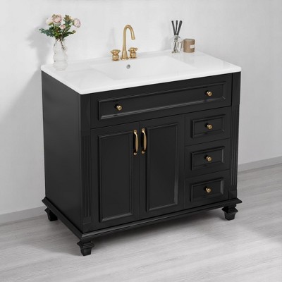 Mshliw 36" Bathroom Vanity with Ceramic Sink, Tilt-Out Drawer, 3 Drawers, Soft-Close Doors, Solid Wood & MDF Cabinet