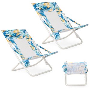 Costway Folding Low Beach Chair, Set of 2 with Padded Head Pillow, Mesh Back, Cup Holder Blue/Pink - 1 of 4