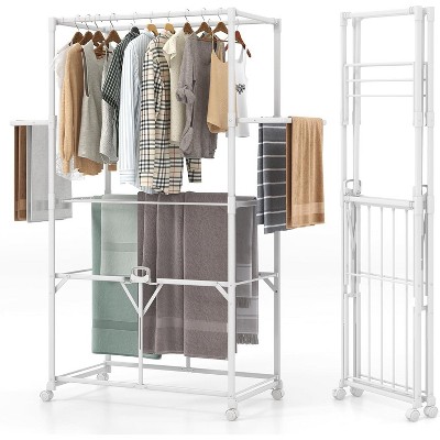Tangkula Foldable Clothes Drying Rack Collapsible Laundry Rack Stand w/ Hanging Rods Folding Side Shelves Removable Middle Shelf w/ 4 Universal Wheels