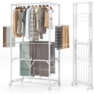 Tangkula Foldable Clothes Drying Rack Collapsible Laundry Rack Stand w/ Hanging Rods Folding Side Shelves Removable Middle Shelf w/ 4 Universal Wheels - 1 of 4