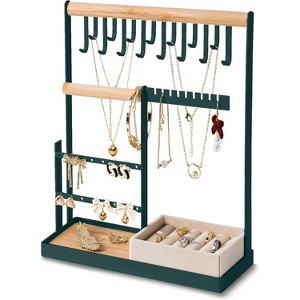 4-Tier Jewelry Organizer Stand with 15 Hooks & 16 Earring Holes, Velvet Ring Holder Display, White - 1 of 4