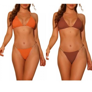 Elerevyo Women's Chain Halter Ribbed Lace Up Tie Back Triangle Bottoms Swimwear Bathing Suits 2 Sets - 1 of 4