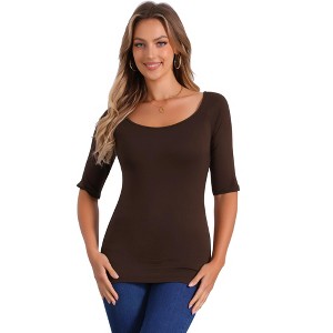 INSPIRE CHIC Women's Half Sleeves Scoop Neck Fitted Layering Soft T-Shirt - 1 of 4