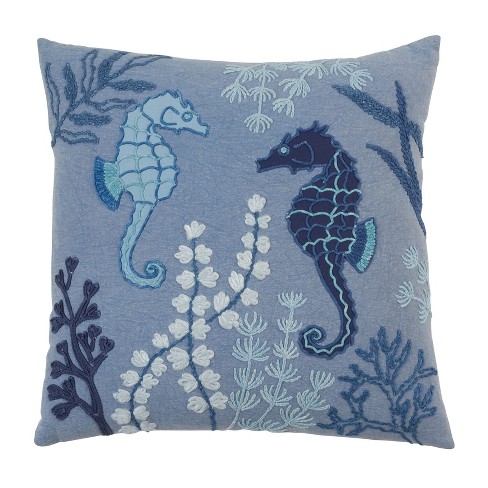 Saro Lifestyle Stonewashed Sea Horse Decorative Pillow Cover, Blue, 20 ...