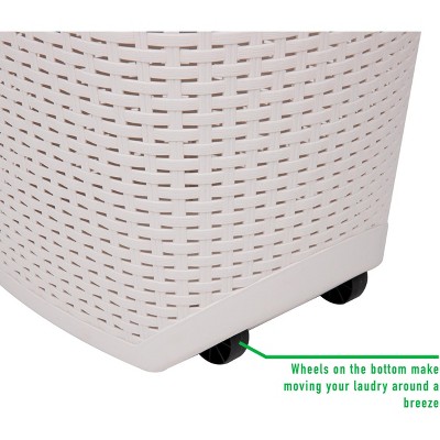 Ivory Wicker-look Plastic Upright Laundry Hamper with Wheels
