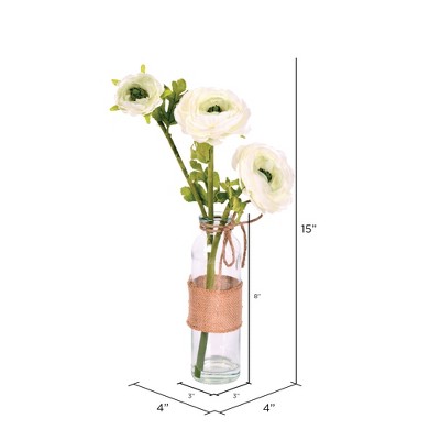 Cream Artificial Camellia in Glass Vase with Burlap Accent