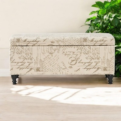 Alilang 42.00 inches Vintage-Inspired Printed Script Storage Ottoman with Hinged Lid and Wooden Legs-Beige
