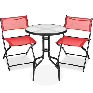 Best Choice Products 3-Piece Patio Bistro Dining Furniture Set w/ Round Textured Glass Tabletop, Folding Chairs - 1 of 4