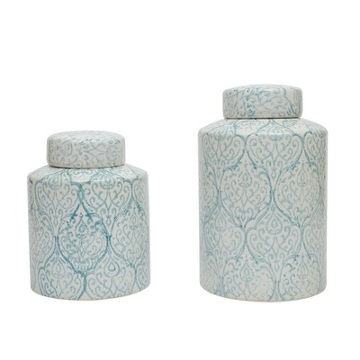 Elegant Blue and White Floral Ceramic Ginger Jar, 10" High