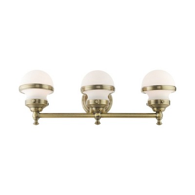 Antique Brass 3-Light Vanity with Hand Blown Satin Opal White Glass