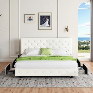 Platform Bed Frame with 4 Storage Drawers and Upholstered Diamond Tufted Headboard No Box Spring Needed - 1 of 4