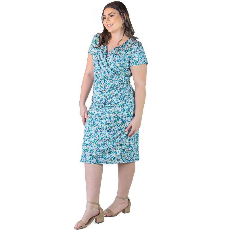 24seven Comfort Apparel Plus Size Teal Mini Flower Print Short Sleeve Knee Length Faux Wrap Dress, 5 of 7
