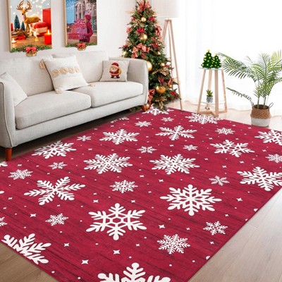 Christmas Area Rug, Red Christmas Snowflake Print Throw Carpet with Non Slip Backing, Low Pile Stain Resistant Floor Carpet for Living Room, Bedroom