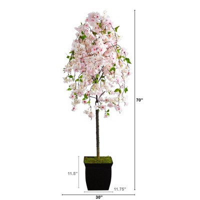 70'' Pink Sakura Faux Potted Tree in Black Planter
