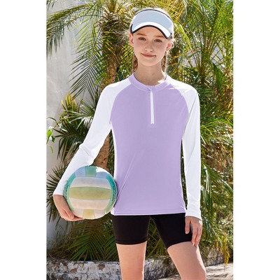 Charmo Rash Guard for Girls UPF 50+ UV Protection Swim Shirt Zip Up Long Sleeve Swim Top Athletic Shirts Purple/White 13-14 Years — фото 4