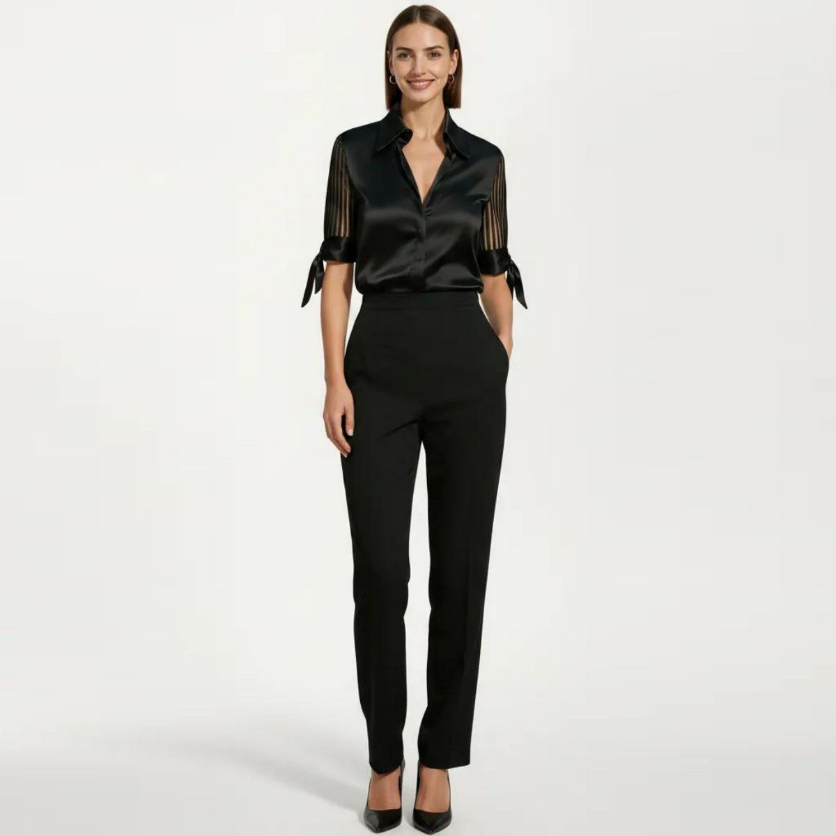 Anna-Kaci Women's Satin Collared Blouse with Sheer Stripe Sleeves and Bow Tie Cuffs - thumbnail 3