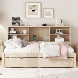 VASIP Natrual Twin Bed Frame with Built-in USB Charging Ports, Side Bookshelves & Storage Drawers - Modern Platform Bed, Space-Saving Bedroom Design - 1 of 4
