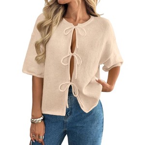 Coolmee Women's Tie Front Cardigan Crewneck Sweater Knit Short Sleeve Drop Shoulder Tops - 1 of 4