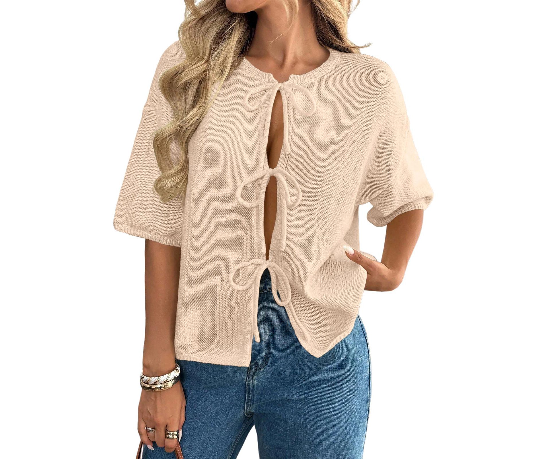 Garvee Women's Fashion Tie Front Cardigan Crewneck Short Sleeve Drop Shoulder Sweater Knit Casual Tops