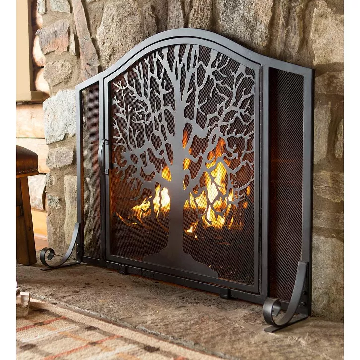 Plow & Hearth - Large Tree of Life Fireplace Metal Fire Screen with Door - decorative fireplace screens