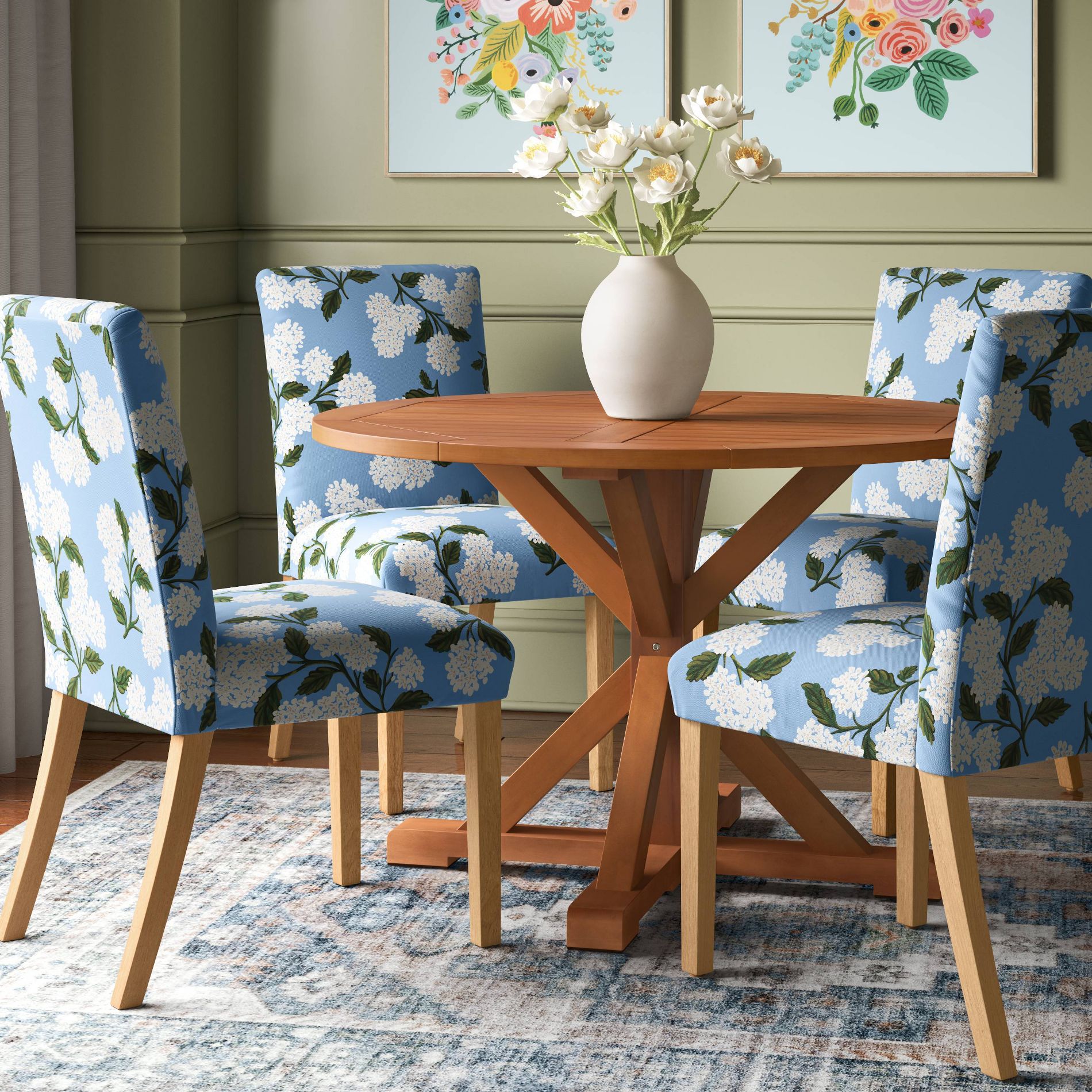 Rifle Paper Co. x Target Hydrangea Cornflower Armless Dining Chair Light Blue: Elegant Floral Upholstered, Pine Frame