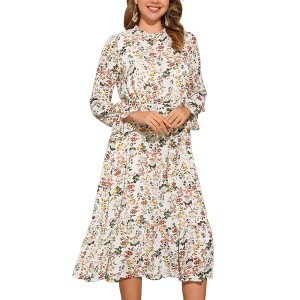INSPIRE CHIC Women's Floral Mock Neck Long Sleeve Elastic Waist Flowy Midi Dress - 1 of 4