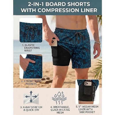 COOFANDY Men Swim Trunk with Compression Liner 2 in 1 Swimwear Bathing Suit Quick Dry Board Short Black Plam Leaf M — фото 4