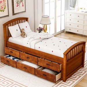 Gulches Twin Size Solid Pine Wood Platform Storage Bed - 6 Drawers, 10 Slat Support, 200lbs Capacity, Espresso Finish, No Box Spring Needed - 1 of 4