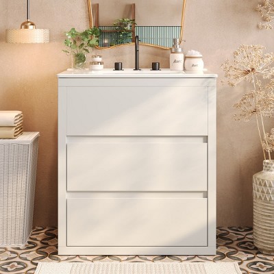 30 Inch Bathroom Vanity with Ceramic Sink, Soft Close Drawers and Beveled Handleless Design, Freestanding Storage Cabinet-Maison Boucle