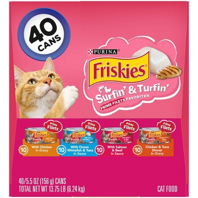 Purina Friskies Prime Filets Surfin&#39; &#38; Turfin&#39; Favorites with Chicken,Tuna, Salmon, Fish and Beef Wet Cat Food - 5.5oz/40ct Variety Pack