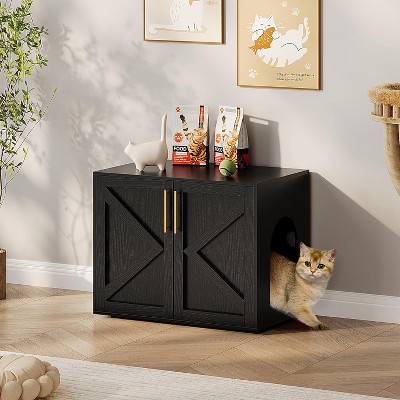 Litter Box Enclosure, Cat Litter Box Furniture with 2 Doors and Pads, Large Hidden Litter Box Furniture, Wooden Cat House, End Side Table