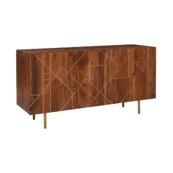 58" Remer Mid Century Modern Storage Console Solid Wood Gold Trim 3 Doors Brown - Powell